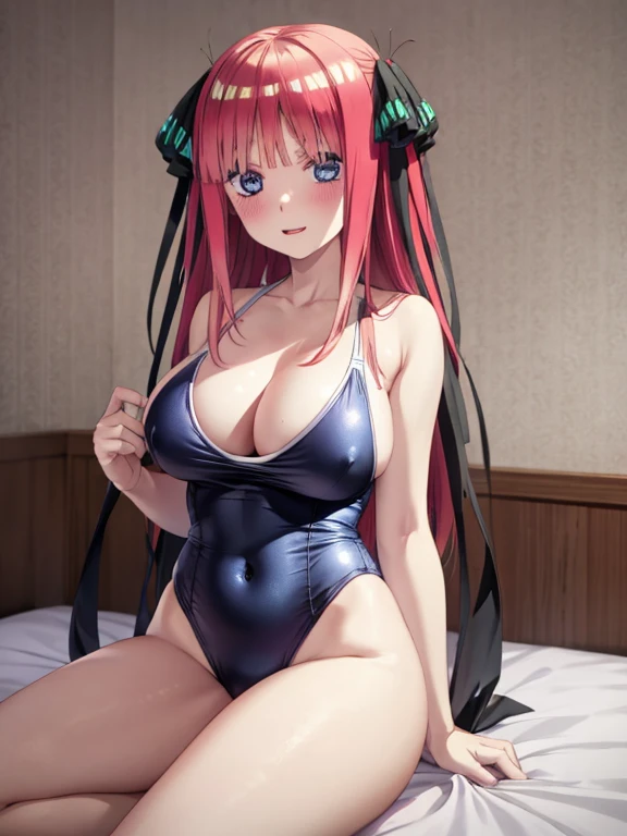 best quality, insanely detailed, nino nakano, breasts, blush, bedroom background, looking at viewer, cheerful eyes,arousal, one-piece swimsuit, old school swimsuit