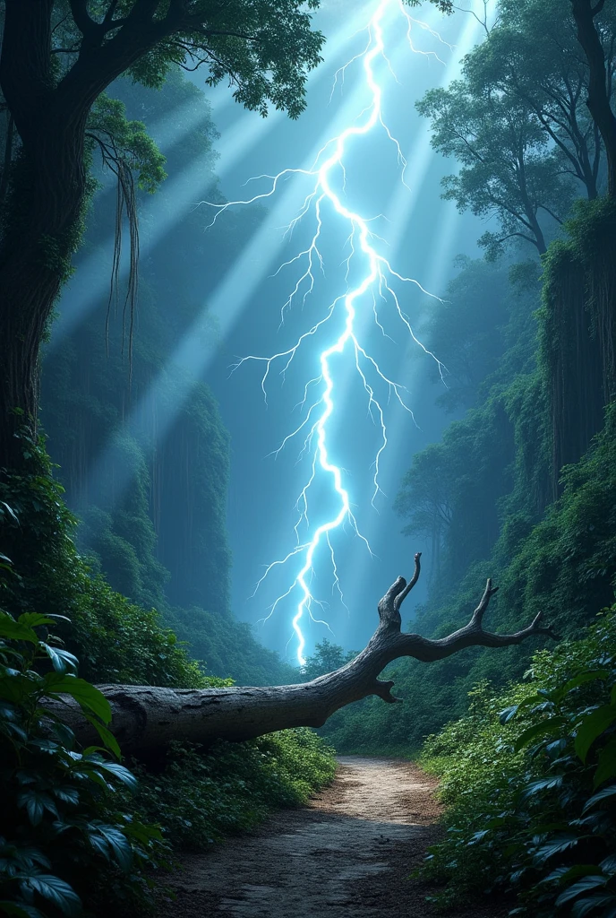 lightning storm hits fallen log on trail in enchanted jungle, sun in rays