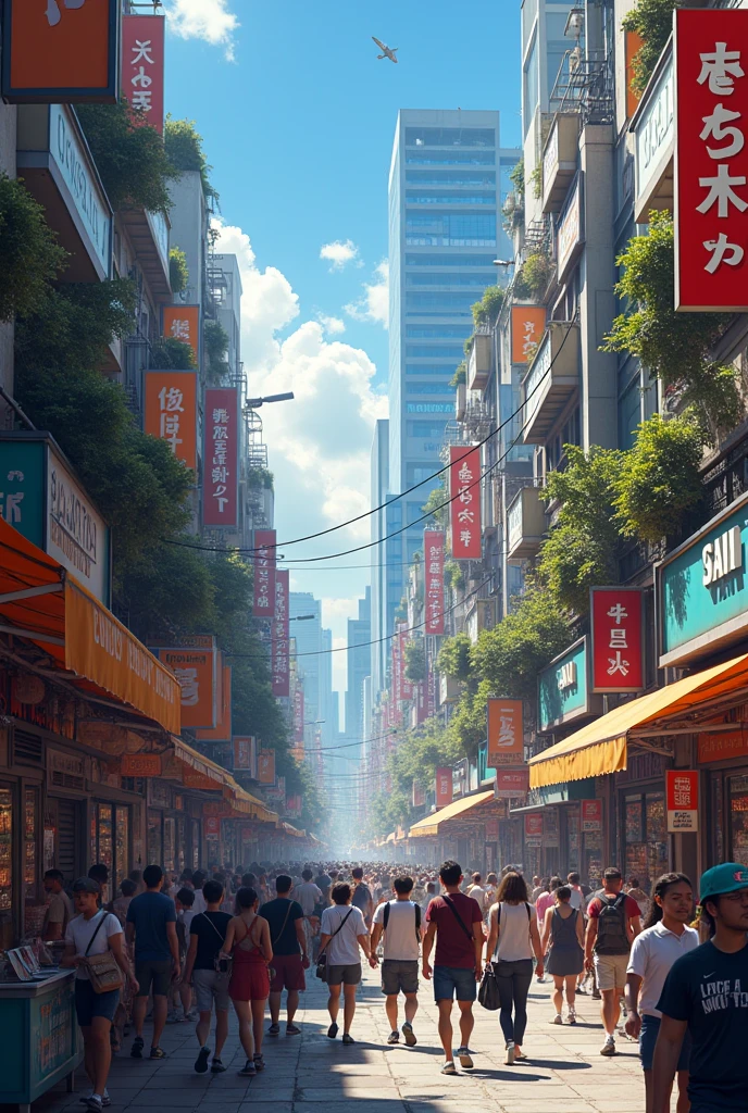 ((realisitic: 1.5)),((best qualityer)), ((Masterpiece artwork)),((detailded)), great shopping stores, electronic products and lots of people buying, narrow streets Vehicles, and on the horizon the figure of South America
