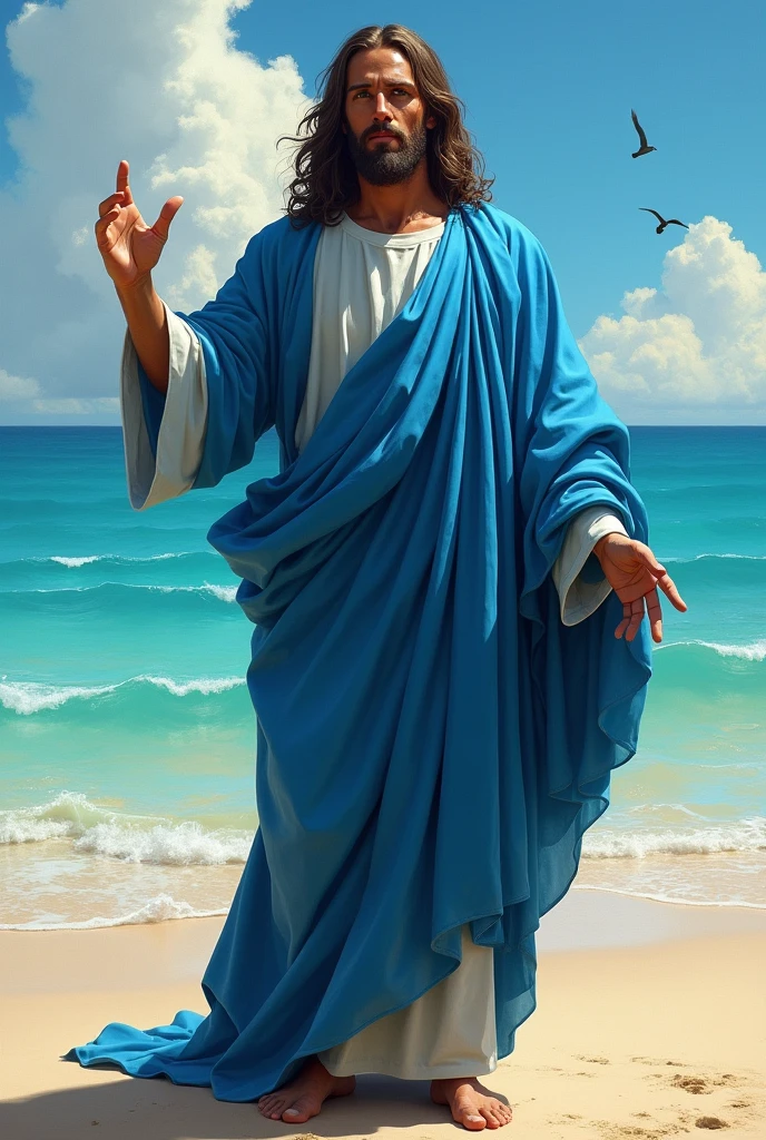 Wonderful Jesus Christ with a serious look and blue clothes pointing his finger forward, with a wonderful beach