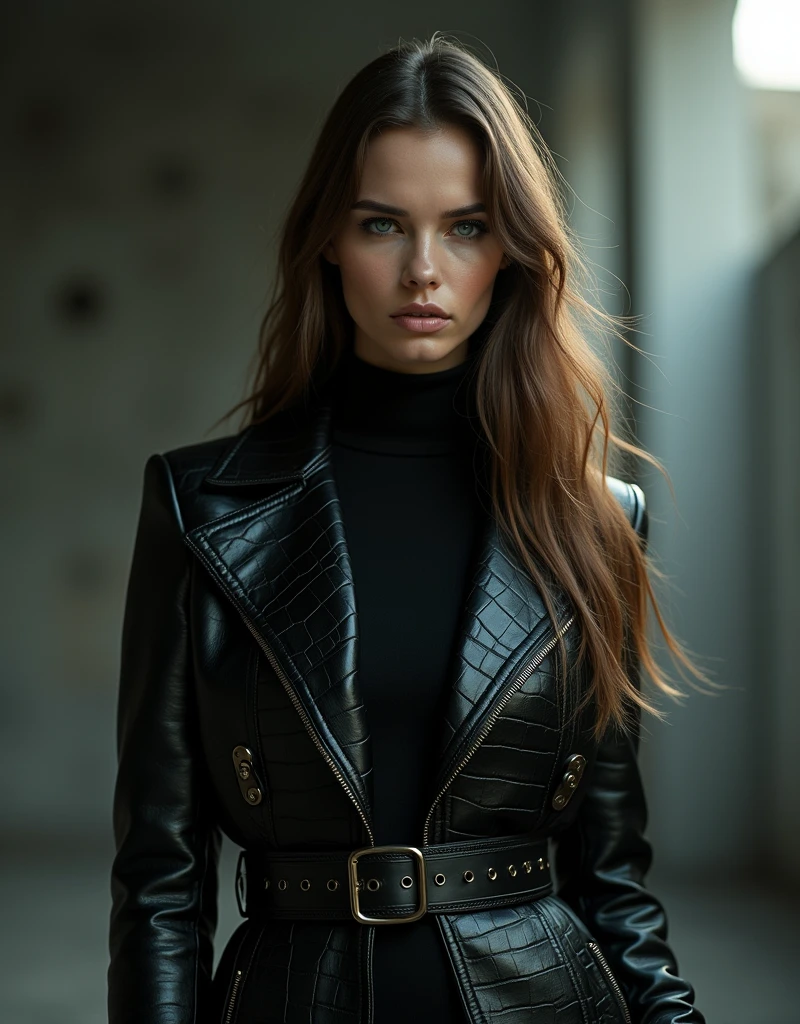 Very beautiful Slavic woman, pale skin, long light brown hair, long straight hair, black turtleneck, black crocodile jacket with unbuttoned buttons, Wide leather strap, Fashionable elegant pose from a fashion magazine, Sinister grin, gloomy atmosphere, Sun glare on the face, narrow pupils, Beautiful hands, wide shoulders, athletic , Futuristic, Brutal background, Photoshoot for a fashion magazine