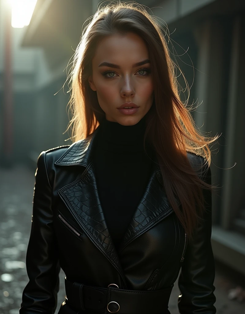 Very beautiful Slavic woman, pale skin, long light brown hair, long straight hair, black turtleneck, black crocodile jacket with unbuttoned buttons, Wide leather strap, Fashionable elegant pose from a fashion magazine, Sinister grin, gloomy atmosphere, Sun glare on the face, narrow pupils, Beautiful hands, wide shoulders, athletic , Futuristic, Brutal background, Photoshoot for a fashion magazine