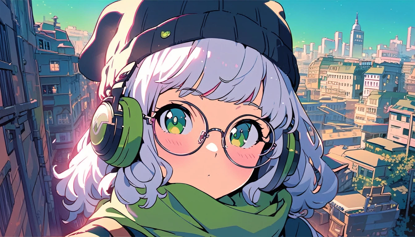 (extremely detailed CG unity 8k wallpaper), (best quality), (best illustration), (best shadow), realistic lighting, beautiful detailed reglow, masterpiece, best quality, lofi artstyle, lofi art, city, town, 80s anime style, Retro, Lo-Fi, 1girl, 1girl, bangs, beanie, black headwear, blush, covered mouth, glasses, green background, green eyes, green scarf, green theme, hat, jacket, looking at viewer, round eyewear, scarf, simple background, solo, upper body, white hair, medium shot, Using Headphone, headphone