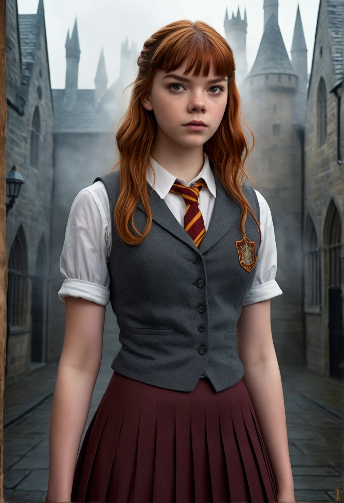 An illustrated movie poster, hand-drawn, full color, a teenage Hogwarts student, 18-years-old, female, wearing a charcoal vest and a pleated skirt, athletic hourglass figure, busty bosoms, full wide hips, massive round butt, long shapely legs, ridiculously thick powerful thighs, vibrant eyes, red auburn hair, thick shaggy bangs, flushed sun-kissed complexion, freckles, resembles Anya Taylor Joy, standing in a foggy Hogwarts courtyard, surrounded by mist, graphite shading, stencil marks, airbrushed acrylic paint, masterpiece, close-up shot, in the style of the Deathly Hallows