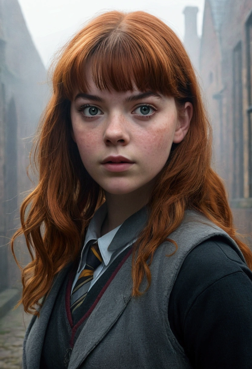 An illustrated movie poster, hand-drawn, full color, a teenage Hogwarts student, 18-years-old, female, wearing a charcoal vest and a pleated skirt, athletic hourglass figure, busty bosoms, full wide hips, massive round butt, long shapely legs, ridiculously thick powerful thighs, vibrant eyes, red auburn hair, thick shaggy bangs, flushed sun-kissed complexion, freckles, resembles Anya Taylor Joy, standing in a foggy Hogwarts courtyard, surrounded by mist, graphite shading, stencil marks, airbrushed acrylic paint, masterpiece, close-up shot, in the style of the Deathly Hallows