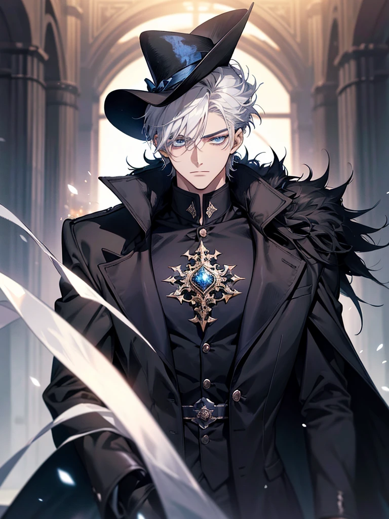 Masterpiece, High quality, Portrait, anime style, man,17 year old boy, หน้าตาhandsome, glowing eyes, ผู้manอนิเมะตัวสูงที่มีตาสีฟ้า, short white hair, ((blue eyes)),Wear a black top hat., ((Short white hair)), [Thick eyebrows], ((black long coat)), ((all black)), (blue eyes) , handsome , Facial expressions, black knight armor , black fur shawl(Masterpiece,best quality,special, (Broad shoulders)) (muscle),Sleep well.,lean back,Lie down