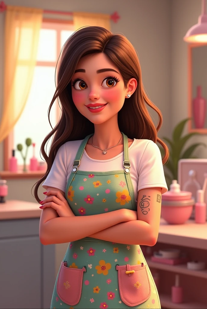Brisa Manicurist pixar, with apron long straight brown hair brown eyes, small eye, brunette tattoo on forearm chubby