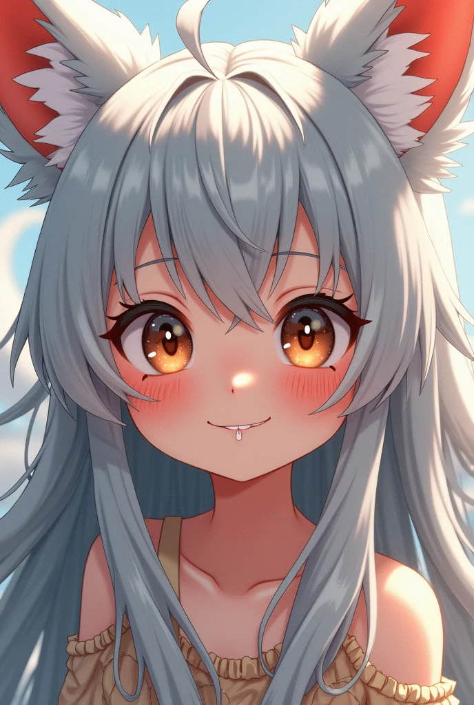 (Japanese animation:1.2),2D,Detailed overview,Highest quality, Best image quality,(Amazingly absurd:1.2),(masterpiece:1.2),break,(Small eyes 0.9),The Nine-Tailed Fox Girl, cute, break, Gray Hair, Long Hair, tooth, :3, break, Fluffy tail, Fox Ears