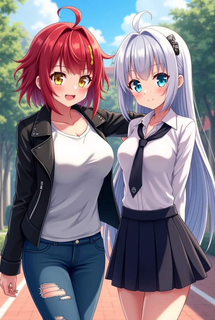 2 girls, busty, schoolyard, BREAK (masterpiece:1.2), best quality, high resolution, unity 8k wallpaper, (illustration:0.8), (beautiful detailed eyes:1.0), extremely detailed face, perfect lighting, extremely detailed CG, (perfect hands, perfect anatomy), (1 girl, busty, with short red hair and yellow streaks, yellow eyes, black leather jacket, white t-shirt, torn jeans, mischievous smile), (1 girl, busty, with long straight white hair with blue streaks, light blue eyes, white blouse, black pleated skirt, cold face), sharp and sexy anime style