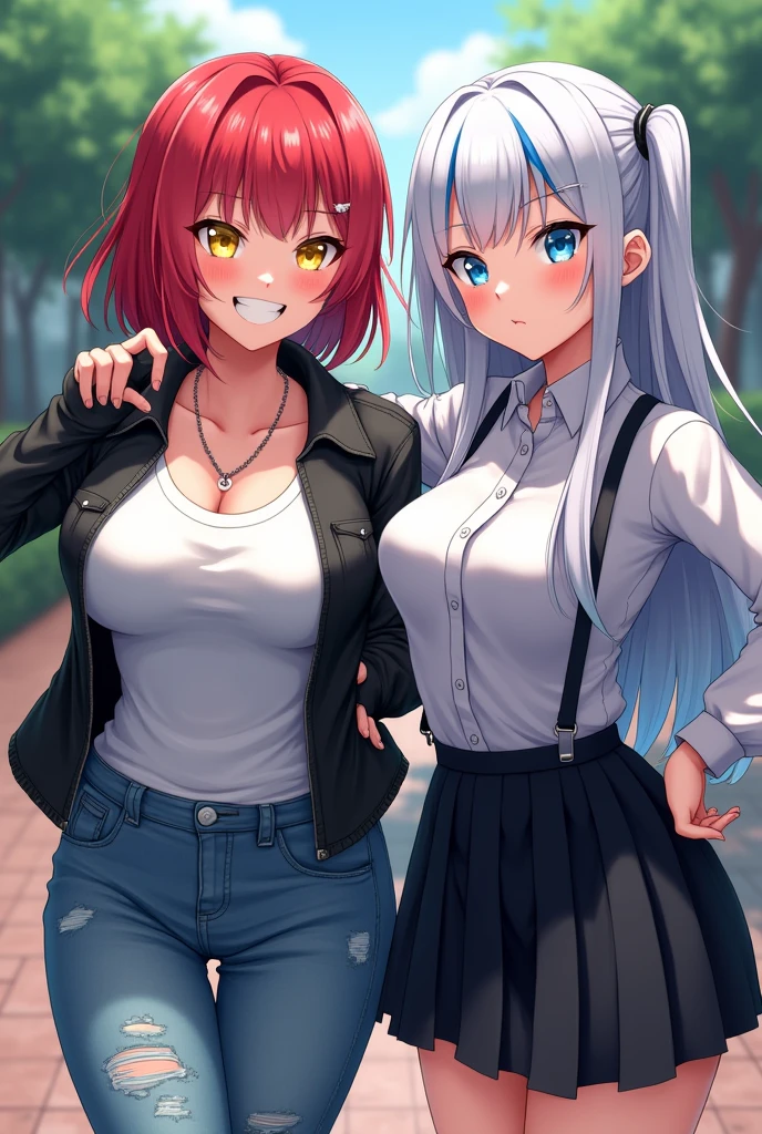 2 girls, busty, schoolyard, BREAK (masterpiece:1.2), best quality, high resolution, unity 8k wallpaper, (illustration:0.8), (beautiful detailed eyes:1.0), extremely detailed face, perfect lighting, extremely detailed CG, (perfect hands, perfect anatomy), (1 girl, busty, with short red hair and yellow streaks, yellow eyes, black leather jacket, white t-shirt, torn jeans, mischievous smile), (1 girl, busty, with long straight white hair with blue streaks, light blue eyes, white blouse, black pleated skirt, cold face), sharp and sexy anime style