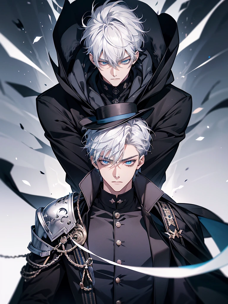 Masterpiece, High quality, Portrait, anime style, man,17 year old boy, หน้าตาhandsome, glowing eyes, ผู้manอนิเมะตัวสูงที่มีตาสีฟ้า, short white hair, ((blue eyes)),Wear a black top hat., ((Short white hair)), [Thick eyebrows], ((black long coat)), ((all black)), (blue eyes) , handsome , Facial expressions, black knight armor , black fur shawl(Masterpiece,best quality,special, (Broad shoulders)) (muscle),Sleep well.,lean back,Lie down
