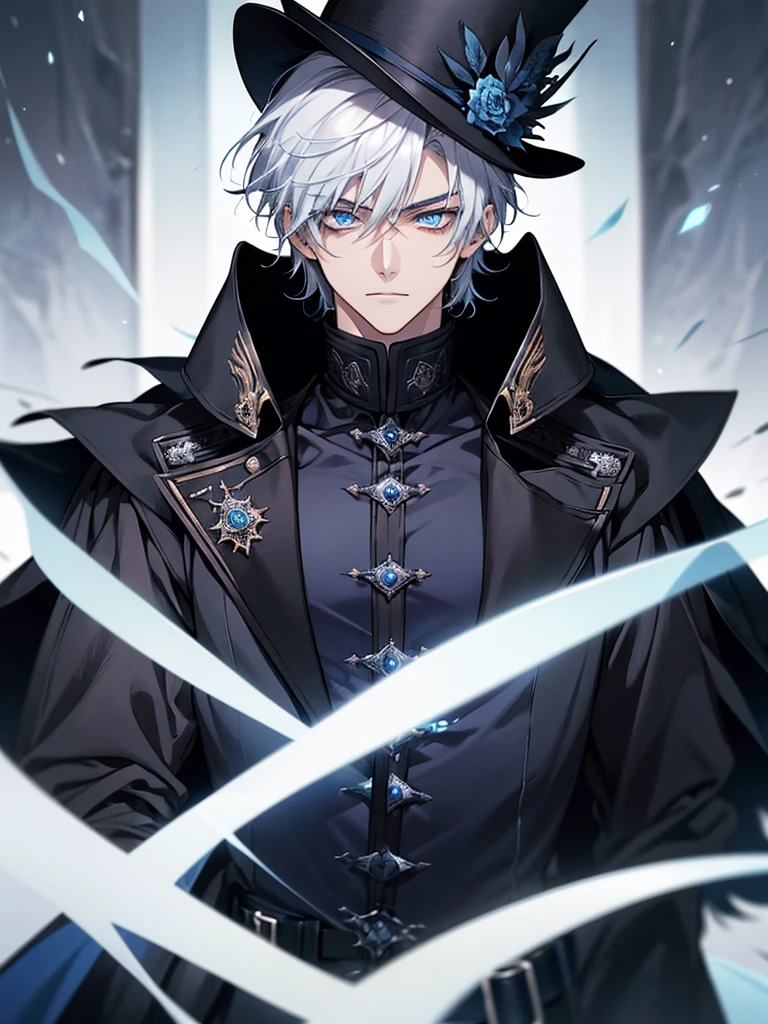 Masterpiece, High quality, Portrait, anime style, man,17 year old boy, หน้าตาhandsome, glowing eyes, ผู้manอนิเมะตัวสูงที่มีตาสีฟ้า, short white hair, ((blue eyes)),Wear a black top hat., ((Short white hair)), [Thick eyebrows], ((black long coat)), ((all black)), (blue eyes) , handsome , Facial expressions, black knight armor , black fur shawl(Masterpiece,best quality,special, (Broad shoulders)) (muscle),Sleep well.,lean back,Lie down