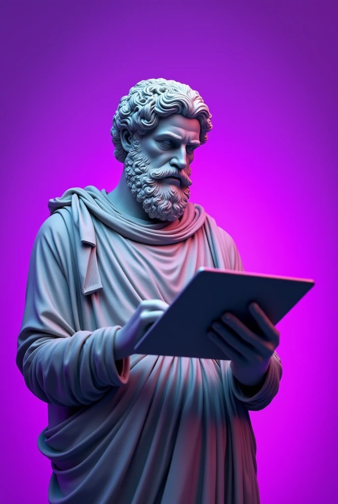 STATUE OF ARISTOTLE THE INTELLIGENT PHILOSOPHER HOLDING A COMPUTER WITH PURPLE DETAILS IN THE BACKGROUND
