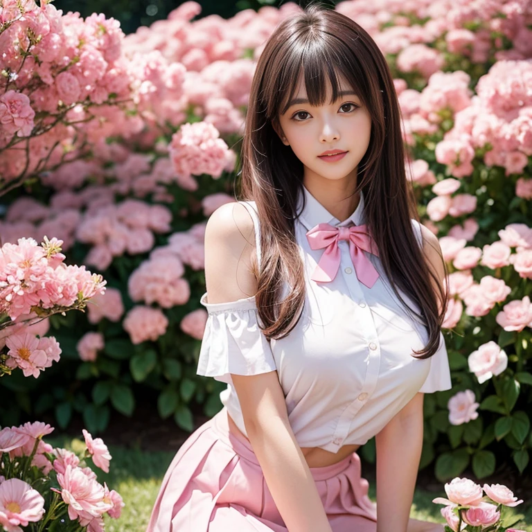 Pink short pleated skirt, in the flower field,Wearing a white sailor suit,white shirt,pink bow tie,Pink navy collar,1 female, On the face, laughing out loud, light brown hair, blunt bangs, hair behind ears, Shoulder-length hair, long hair, Slender body type, 超face slimming型, face slimming, delicate lips, beautiful eyes, Thin blush, Eyes are light brown,View here, (actual:1.3), One person's perspective, 8k, Super detailed, high quality, best quality, High resolution, ,Large Breasts,wear a H cup, 2