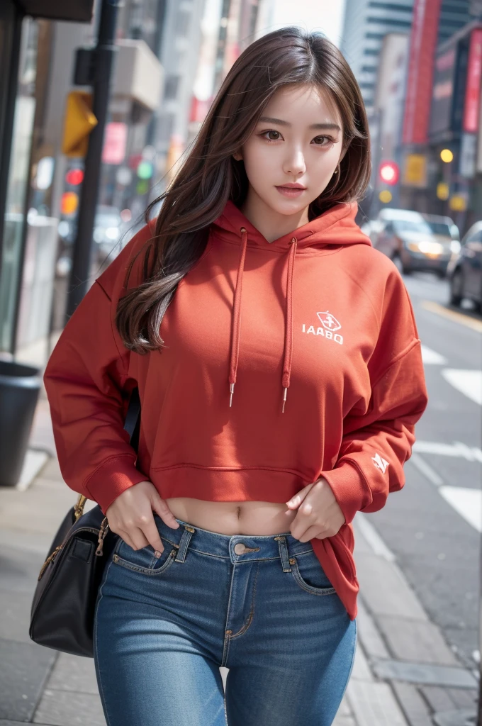 best quality, 8k, very delicate and beautiful, highly detailed face and skin texture, shiny skin, high resolution, beautiful japanese girl in red cropped hoodie and tight denim pants walking in city, sharp focus