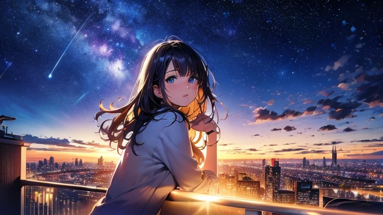 landscape, Realistic, city, beautiful, Night view, Render styles, Starry Sky, Silhouette of a woman relaxing, Depth of written boundary, photograph, movie, High resolution