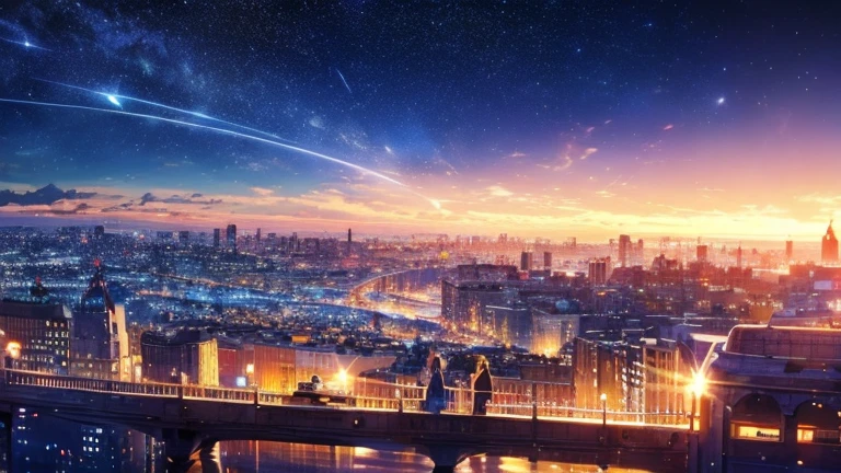 landscape, Realistic, city, beautiful, Night view, Render styles, Starry Sky, Silhouette of a woman relaxing, Depth of written boundary, photograph, movie, High resolution