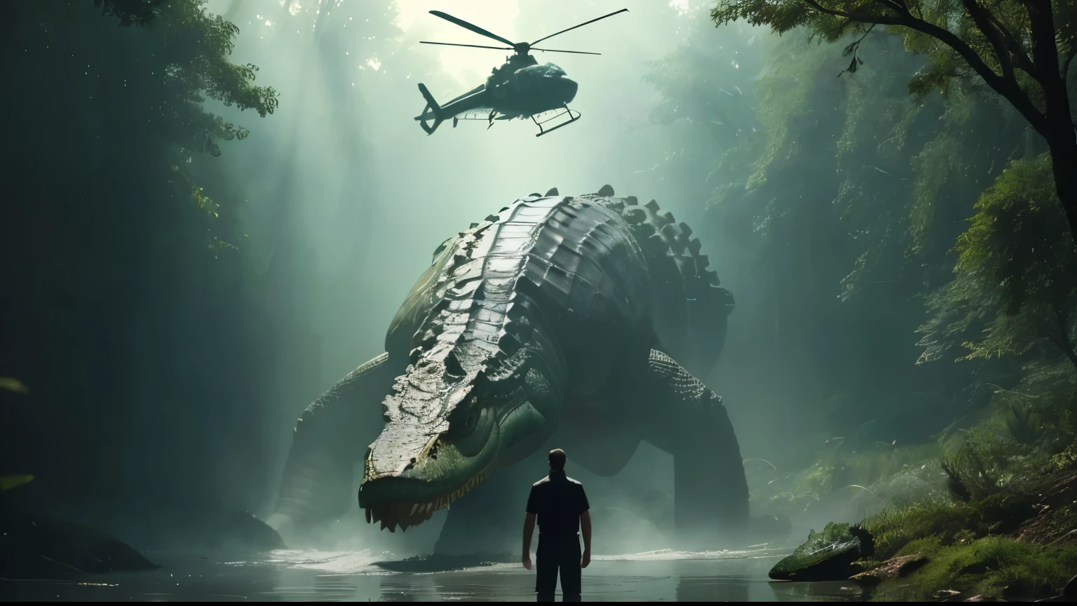 A man standing infront of a giant crocodile in a forest, realistic, absolute reality, real, detailed, overlay detailed, 4k, High quality 