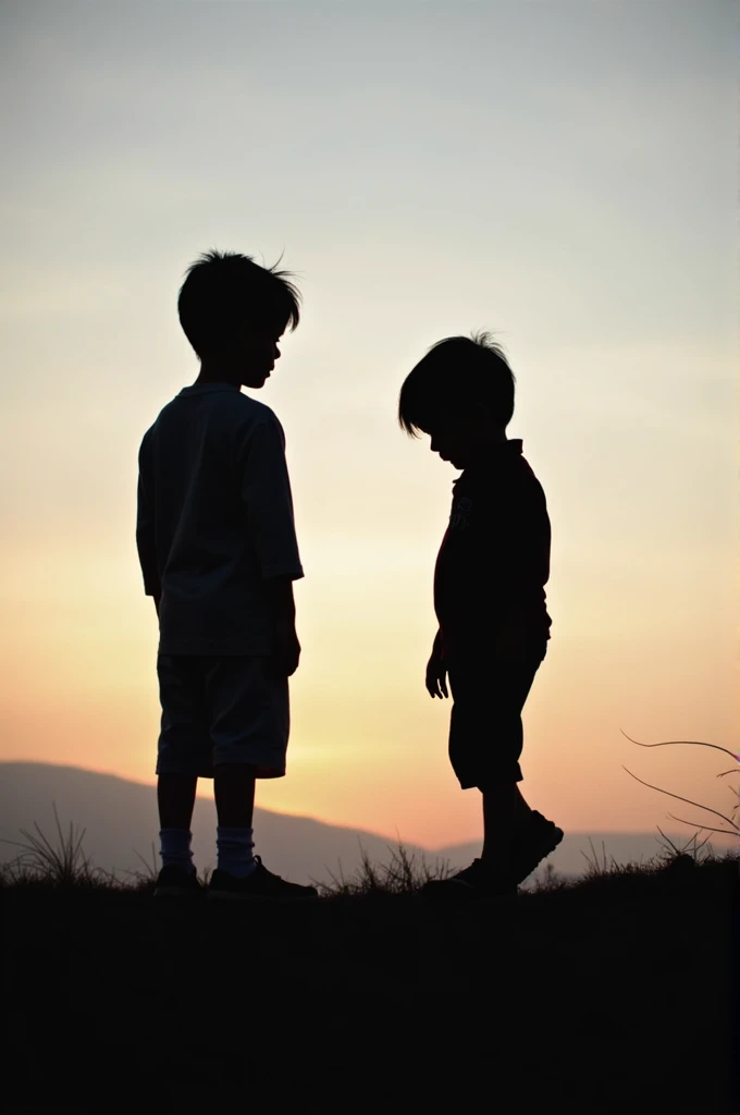 Silhouettes of two boys.
One looking at the ground. And the other looking at the sky. Turning their backs on each other.