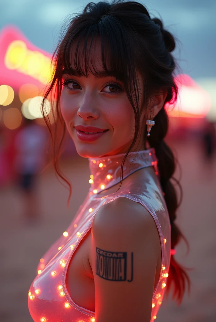 Close up of a beautiful sexy brown-haired young teen French 18 year old, medium brown hair in a braid at a desert rave, side swept bangs, sultry smile, Wearing only a clear plastic outfit with led lights inside the outfit, that shows her body, sexy clear plastic outfit with glowing lights built in, light white skin, view of her beautiful slender and voluptuous body, large natural breasts, saggy tits, outline of nipples, She looks straight at the camera smiling, having fun, making a gesture of seduction, front view, hyperrealistic quality image, at a desert rave part, early evening light, Excellent lighting details, showing off her defined and realistic body, She is wrapped in plastic, with beautiful earrings and necklace that matches your outfit, angled bobbed hair, has a barcode tattoo on her arm, doing a sexy pose, smiling seductively, bokeh lights