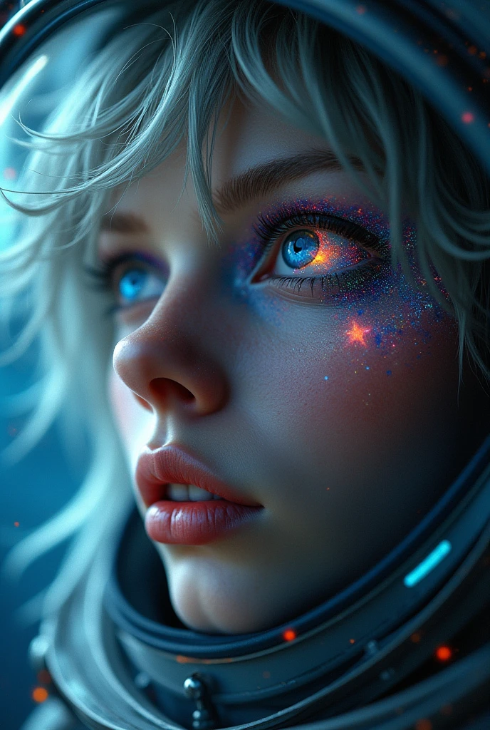 (Close-up of a better masterpiece:1.5)0.9], (Space and astronauts:1.2) (Messy silver hair:1.1) (Heterochromia xanthochromia and blue eyes:1.2) (Space Helmet:1.0) (Colored stars in the eyes:1.0) (A radiant glow:1.1) (thick lips:0.9)