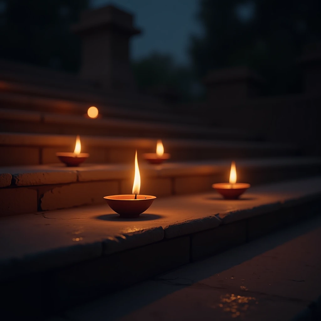 A group of Diya lamps placed on steps, softly lighting the surrounding area in the evening, with a dark background that emphasizes the glow of the flames
