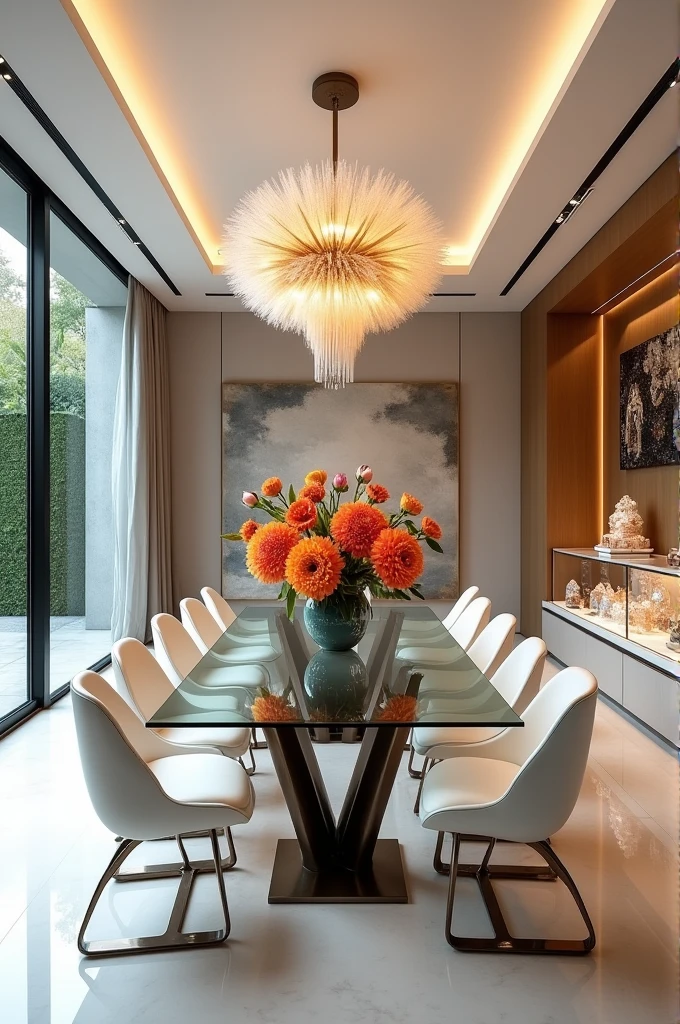A large dining room with a modern futuristic classic style. With a glass table and in the center a vase of large and beautiful flowers, with white chairs. On the ceiling a modern chandelier. On the left there is a window with a view of the garden and on the right there are paintings and below there is a modern display case with decorations of quartz and precious crystals. 