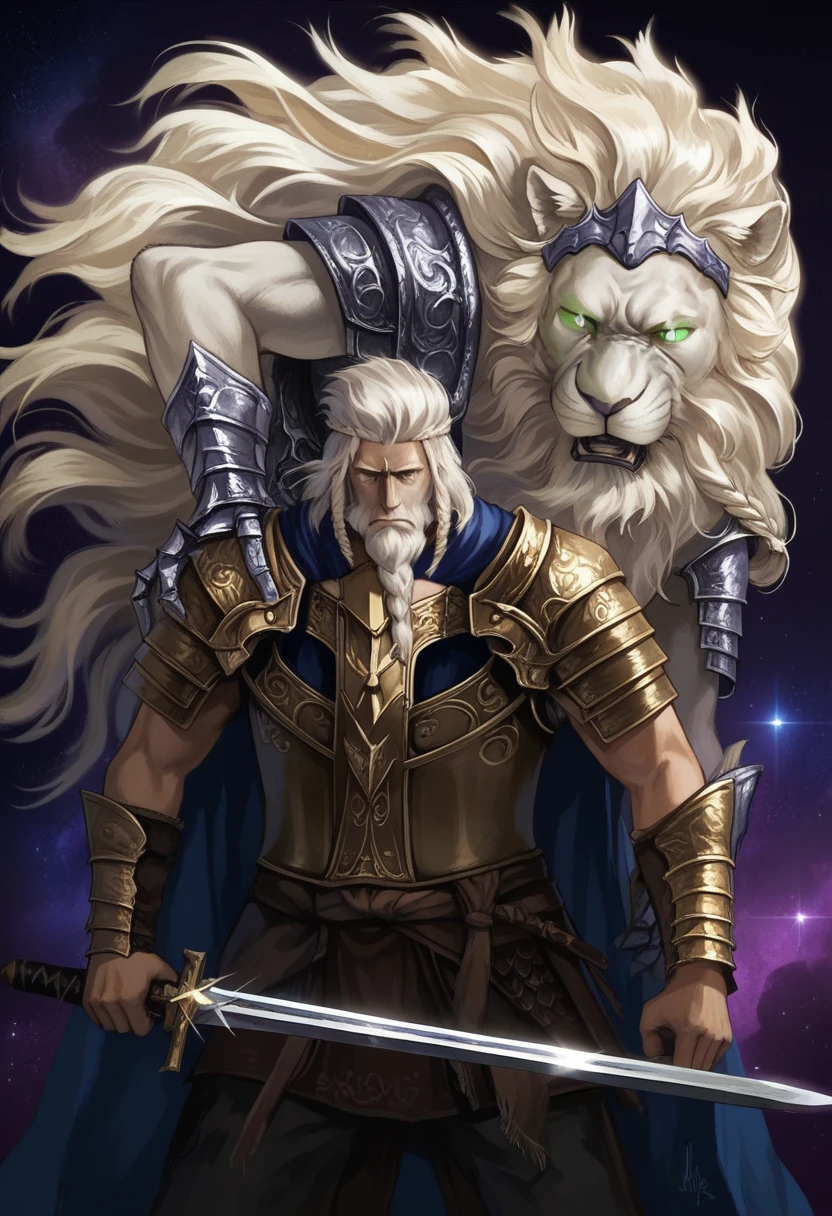 masterpiece,best quality,highly detailed,score_9,score_8_up,score_7_up,score_6_up,source anime,BREAK
1boy,old man,frown, white lion white green eyes, glowing eyes ws,
cowboy shot,armor, holding two swords, epic, blue and purple space background,