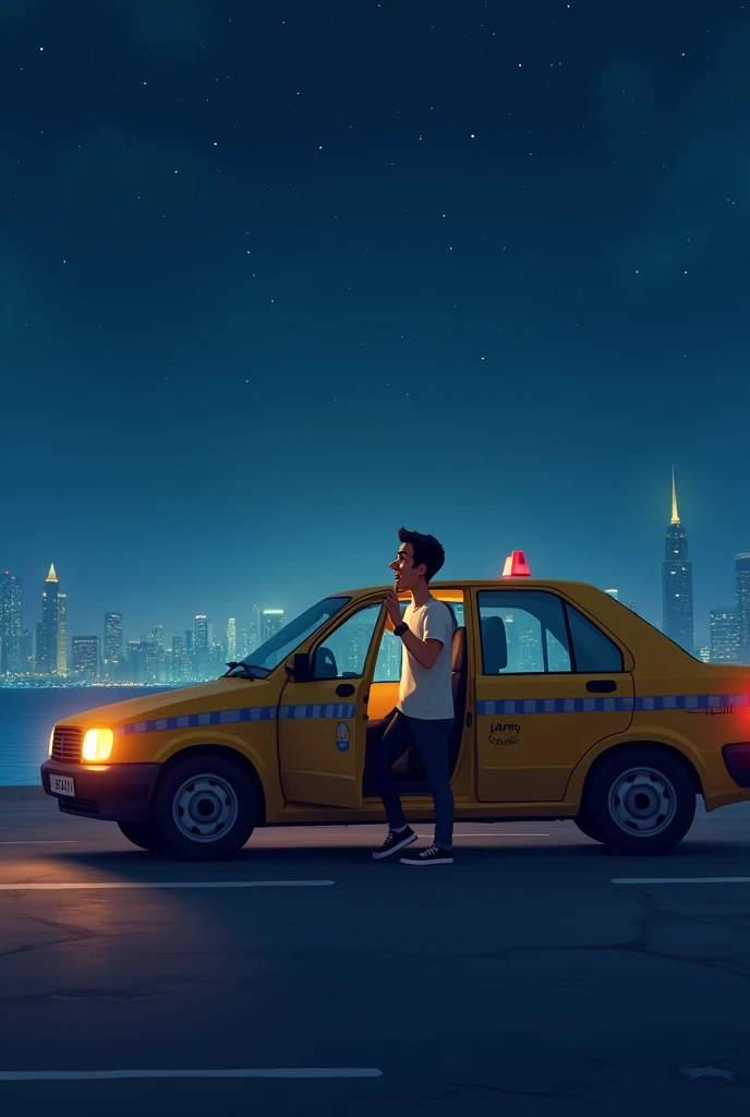 6. **End of the Day:**
   - "A peaceful image of juck parking his taxi at the end of the day. The night sky is starry, with the city skyline faintly glowing in the background. Jamal is stepping out of the taxi, looking content and reflective, as he closes the door with a satisfied smile."