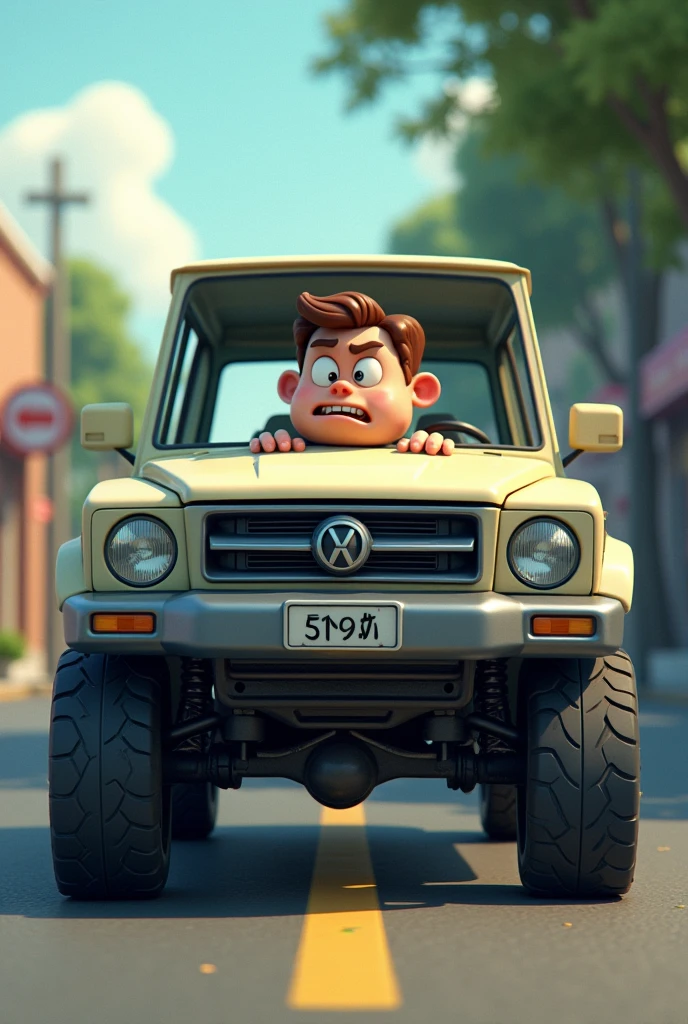 Create an image of a car without tires, resting directly on the ground, with a man sitting inside looking worried and frustrated. The background should be a street or a parking lot, emphasizing the unusual situation. The man's expression should clearly reflect his concern and confusion about the tireless car. Gadi ke tyre nahi hone chahiye