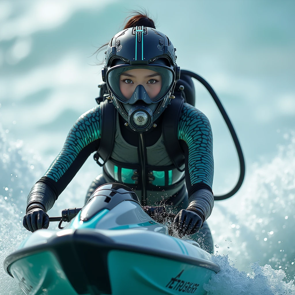 photo-realistic, ultra-realistic, very beautiful Japanese, famous Japanese idol, 20 years old, dramatic scene, masterpiece, beautiful eyes, (face focus, acrobatic closeup to her beautiful scuba-masked face:1.3), (extremely intricated with extremely complex cyber punk mecha armored full-face scuba mask with air hose:1.5), (wearing cyber punk mecha-suits with neon marker:1.5), (she is acrobatic jet skiing on the sea:1.5), (super big jump in the air over the huge waves:1.5), (fully equipped with scuba equipment:1.3), amazing view of huge waves, acrobatic pose, dynamic angle, spectacular, Nimble movements, Sharp turns, (very large breasts),
