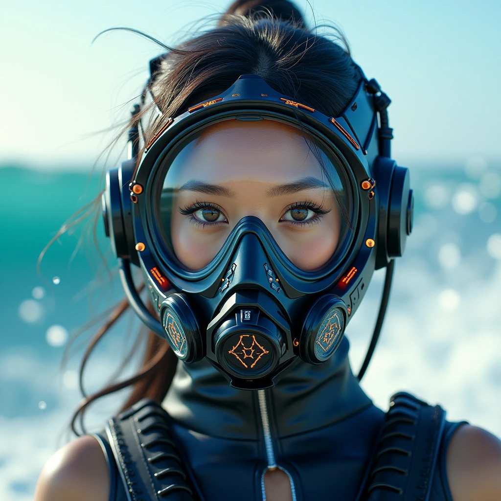 photo-realistic, ultra-realistic, very beautiful Japanese, famous Japanese idol, 20 years old, dramatic scene, masterpiece, beautiful eyes, (face focus, acrobatic closeup to her beautiful scuba-masked face:1.3), (extremely intricated with extremely complex cyber punk mecha armored full-face scuba mask with air hose:1.5), (wearing cyber punk mecha-suits with neon marker:1.5), (she is acrobatic jet skiing on the sea:1.5), (super big jump in the air over the huge waves:1.5), (fully equipped with scuba equipment:1.3), amazing view of huge waves, acrobatic pose, dynamic angle, spectacular, Nimble movements, Sharp turns, (very large breasts),