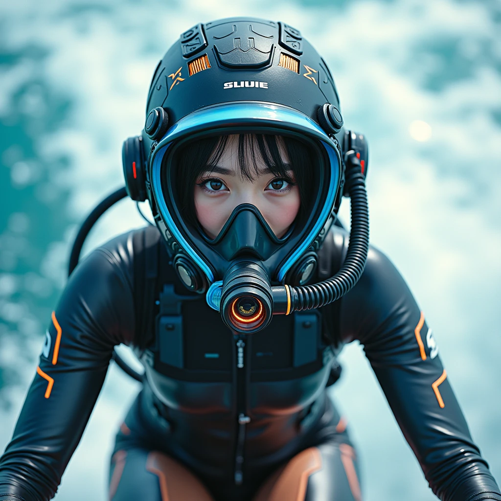 photo-realistic, ultra-realistic, very beautiful Japanese, famous Japanese idol, 20 years old, dramatic scene, masterpiece, beautiful eyes, (face focus, acrobatic closeup to her beautiful scuba-masked face:1.3), (extremely intricated with extremely complex cyber punk mecha armored full-face scuba mask with air hose:1.5), (wearing cyber punk mecha-suits with neon marker:1.5), (she is acrobatic jet skiing on the sea:1.5), (super big jump in the air over the huge waves:1.5), (fully equipped with scuba equipment:1.3), amazing view of huge waves, acrobatic pose, dynamic angle, spectacular, Nimble movements, Sharp turns, (very large breasts),