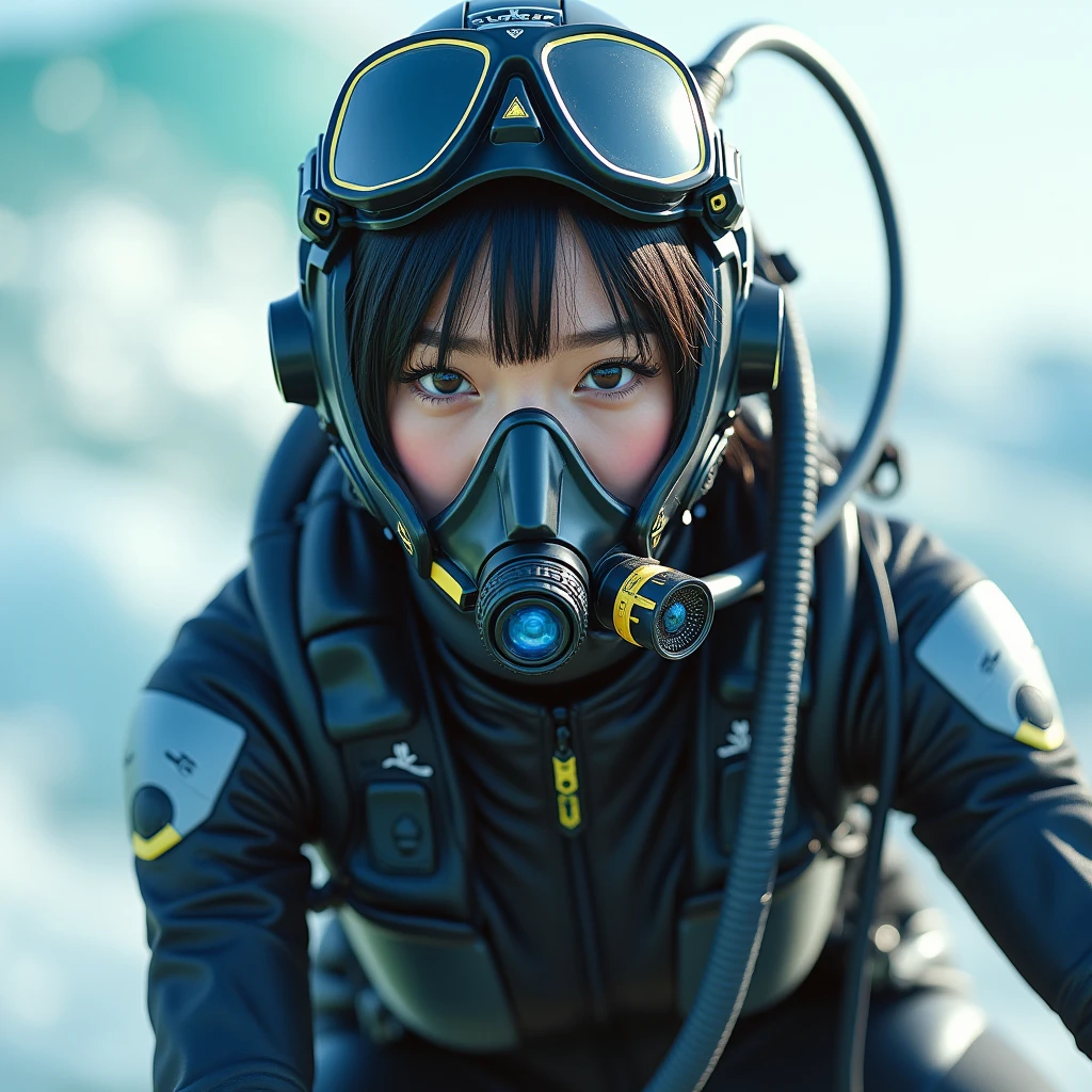 photo-realistic, ultra-realistic, very beautiful Japanese, famous Japanese idol, 20 years old, dramatic scene, masterpiece, beautiful eyes, (face focus, acrobatic closeup to her beautiful scuba-masked face:1.3), (extremely intricated with extremely complex cyber punk mecha armored full-face scuba mask with air hose:1.5), (wearing cyber punk mecha-suits with neon marker:1.5), (she is acrobatic jet skiing on the sea:1.5), (super big jump in the air over the huge waves:1.5), (fully equipped with scuba equipment:1.3), amazing view of huge waves, acrobatic pose, dynamic angle, spectacular, Nimble movements, Sharp turns, (very large breasts),