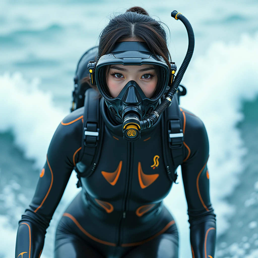 photo-realistic, ultra-realistic, very beautiful Japanese, famous Japanese idol, 20 years old, dramatic scene, masterpiece, beautiful eyes, (face focus, acrobatic closeup to her beautiful scuba-masked face:1.3), (extremely intricated with extremely complex cyber punk mecha armored full-face scuba mask with air hose:1.5), (wearing cyber punk mecha-suits with neon marker:1.5), (she is acrobatic jet skiing on the sea:1.5), (super big jump in the air over the huge waves:1.5), (fully equipped with scuba equipment:1.3), amazing view of huge waves, acrobatic pose, dynamic angle, spectacular, Nimble movements, Sharp turns, (very large breasts),