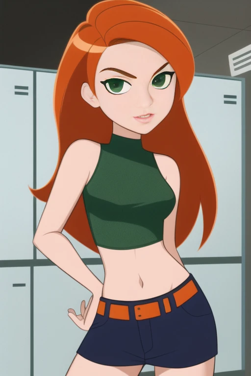 kim possible style, masterpiece, best quality, solo, 1girl, green eyes, long hair, orange hair, Big Breasts, upper body, turtleneck, parody, indoors, , sexy slit dress, 1girl, bare arms, bare shoulders, breasts, midriff, green eyes, highres, indoors, kim possible, kimberly ann possible, knee up, locker, locker room, long hair, midriff, cargo pants, navel, oira wa arumajiro, orange hair, big breasts, solo