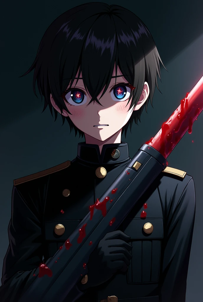 A 16 year old boy, dressed like a soldier but in a black uniform, with a soldier's weapon, with dark brown hair and dark blue eyes, look and smiling expression a little psychopathic, with blood stains on the face, with black gloves, anime style, He looks slightly annoyed but smiles with an air of superiority and his face is slightly shadowed., her pupils of eyes like red diamonds, Anime style the boy, that is in a dark