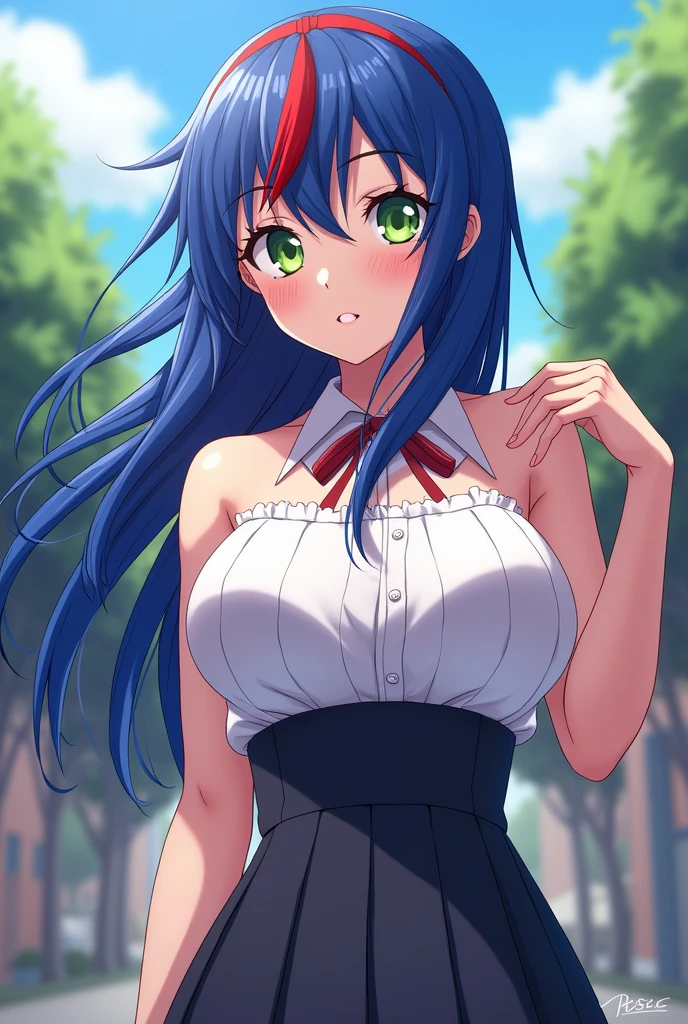 Aizawa's daughter, beautiful, big breasts, UA student, blue hair with red highlights, green eyes