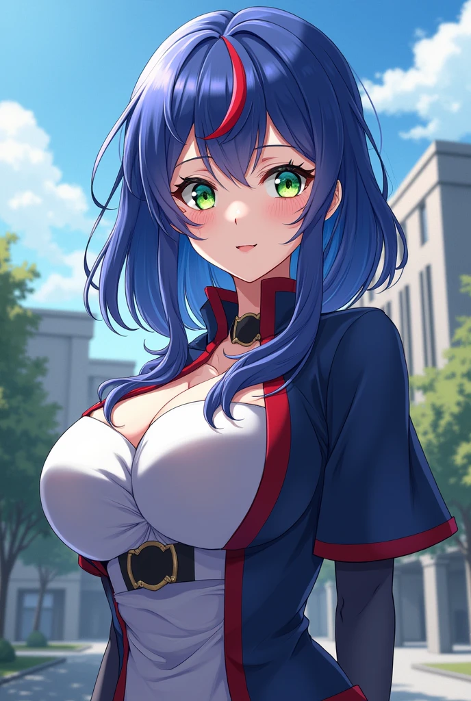 Aizawa's daughter, beautiful, big breasts, UA student, blue hair with red highlights, green eyes