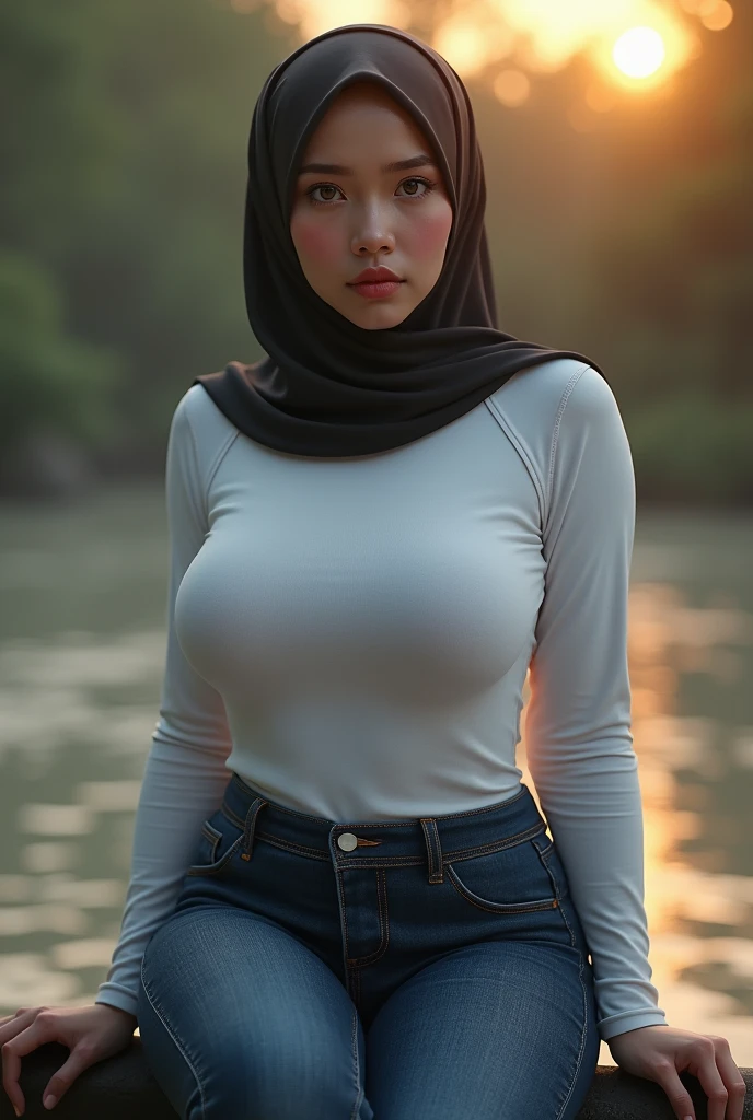 (photo realistic:1.4), (hyper realistic:1.4), (realistic:1.3), (smoother lighting:1.05), (increase cinematic lighting quality:0.9), 32K, 1girl, 30yearsold plump indonesian woman, huge breasted, wear simple hijab, tight white longsleeve t-shirt, tight jeans, sitting on the riverside fence, realistic lighting, backlighting, light on face, ray trace, (brightening light:1.2), (Increase quality:1.4), (best quality real texture skin:1.4), finely detailed eyes, finely detailed face, finely quality eyes, (sensual and seductive expression:0.0).