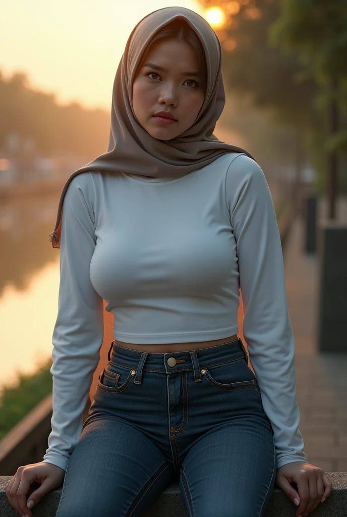(photo realistic:1.4), (hyper realistic:1.4), (realistic:1.3), (smoother lighting:1.05), (increase cinematic lighting quality:0.9), 32K, 1girl, 30yearsold plump indonesian woman, huge breasted, wear simple hijab, tight white longsleeve t-shirt, tight jeans, sitting on the riverside fence, realistic lighting, backlighting, light on face, ray trace, (brightening light:1.2), (Increase quality:1.4), (best quality real texture skin:1.4), finely detailed eyes, finely detailed face, finely quality eyes, (sensual and seductive expression:0.0).