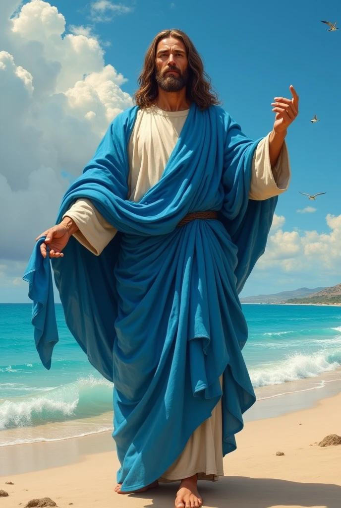Wonderful Jesus Christ with a serious look and blue clothes pointing his finger forward, with a wonderful beach