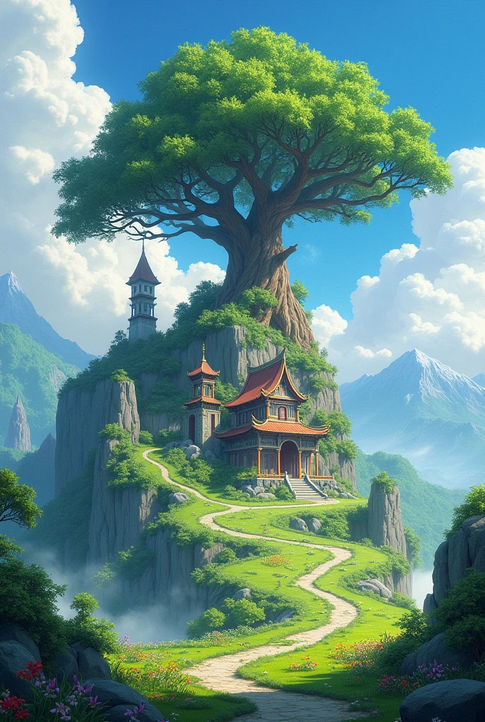 Mountain with a large tree and a temple at its top, that has a lot of flowers and bright green grass around it