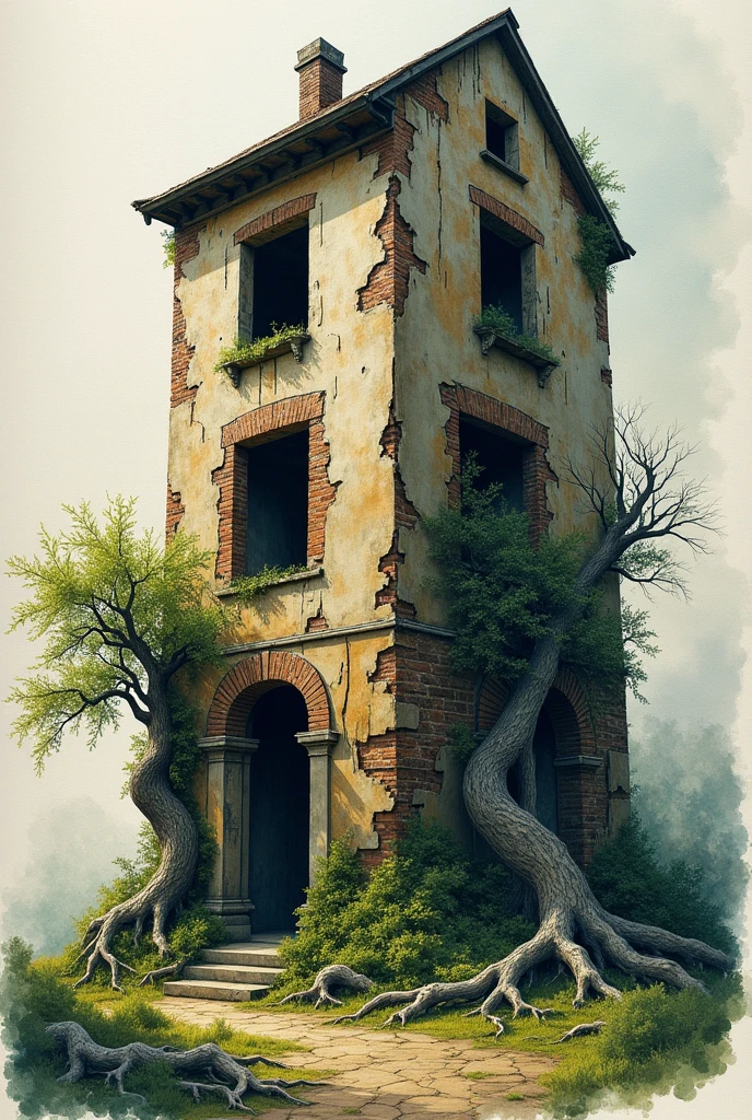 A tall, skinny abandoned house with peeling plaster, exposed brick, broken walls, and a large tree growing beside it, surrounded by overgrown vines and roots, in a watercolor style with whimsical and surreal art elements, dark fantasy, dramatic lighting effects