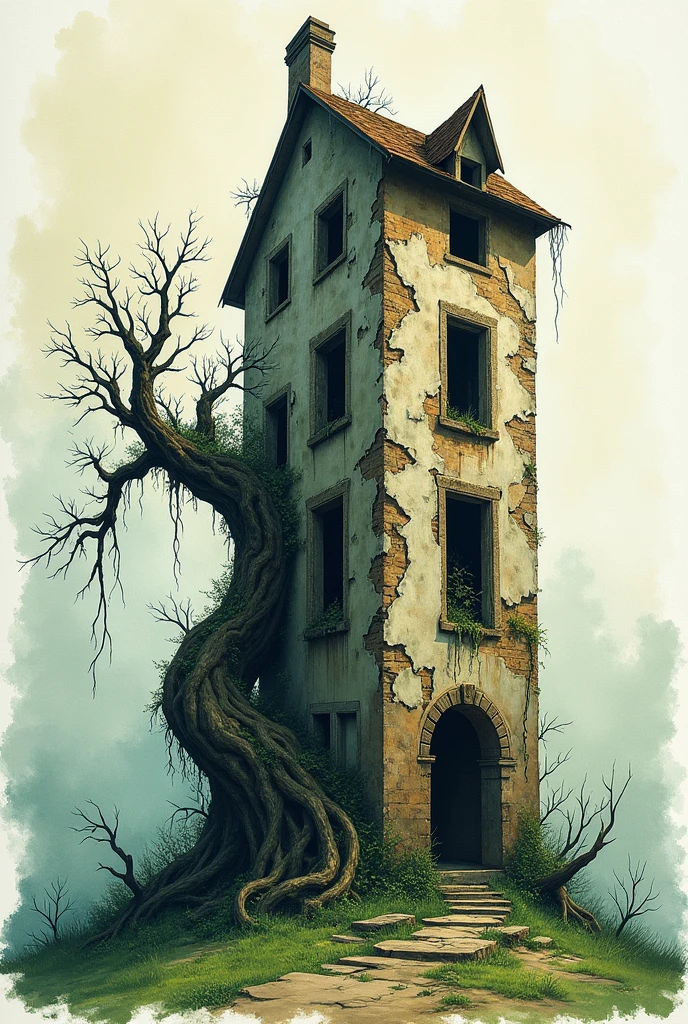 A tall, skinny abandoned house with peeling plaster, exposed brick, broken walls, and a large tree growing beside it, surrounded by overgrown vines and roots, in a watercolor style with whimsical and surreal art elements, dark fantasy, dramatic lighting effects