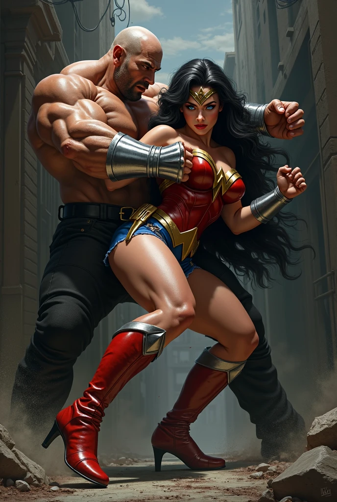 A toned athlete, muscular, blue eyes, black hair Wonder Woman with ((silver gauntlet:1.2)), ((Red knee high boots:1.2)) getting punched and falling to the ground by a bald guy with giant muscles wearing black suits. They are punching each other in the dark alley. Wounded all over. They are very sweaty. ((destroyed clothes:1.3)). Torn and tattered costumes and spats, ((clenched fist)). very delicate muscles. Looking at each others. bare shoulders, mature, sexy, elastic muscles, (muscles:1.2), ((strong and healthy body)), long legs, curves, (big breasts:1.2). ((wet with sweat)), concept art, realistic,