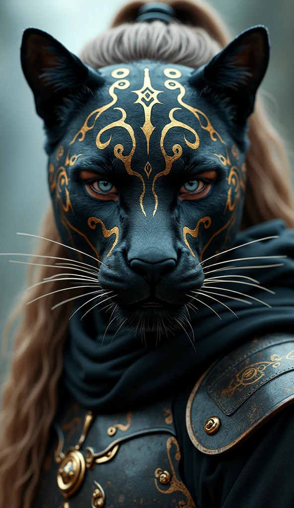 Viking black panther mask with robot features, with long hair and a ponytail , with gold details