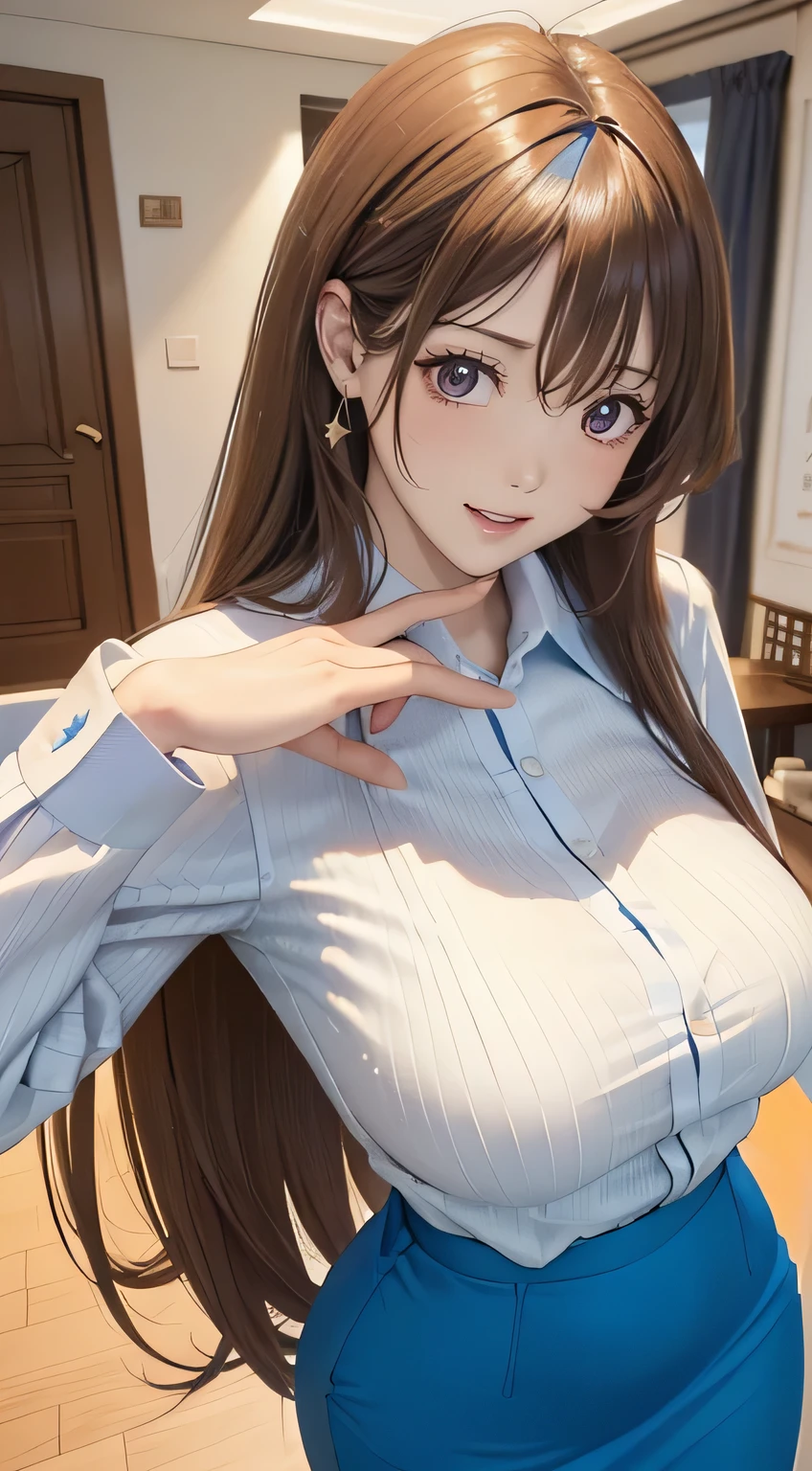 One person,(Highly detailed skin),Curvy,,Beautiful breasts,((Large Breasts)),(Best image quality,Surreal portrait,(8k),Ultra-realistic,最high quality, high quality, High resolution, high quality texture,Attention to detail,Beautiful details,Fine details,Highly detailed CG,Detailed Texture,Realistic facial expression,masterpiece,Presence,dynamic,bold),Straight long hair,(Soft Hair),(Straight hair:1.5),Light blue collared shirt、Pencil Skirt、Very light coppery amber hair,Hair on one eye