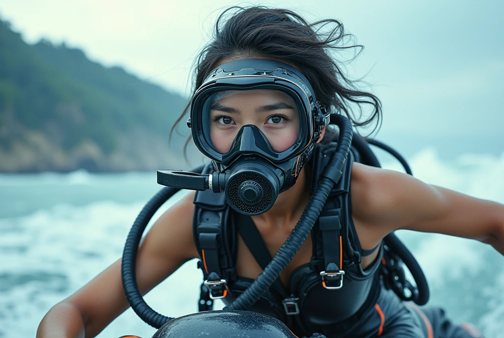 photo-realistic, ultra-realistic, very beautiful Japanese, famous Japanese idol, 20 years old, dramatic scene, masterpiece, beautiful eyes, (face focus, acrobatic closeup to her beautiful scuba-masked face:1.3), (extremely intricated with extremely complex cyber punk mecha armored full-face scuba mask with air hose:1.5), (wearing cyber punk mecha-suits with neon marker:1.5), (she is acrobatic jet skiing on the sea:1.5), (super big jump in the air over the huge waves:1.5), (fully equipped with scuba equipment:1.3), amazing view of huge waves, acrobatic pose, dynamic angle, spectacular, Nimble movements, Sharp turns, (very large breasts),