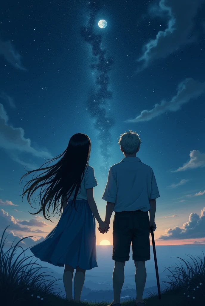 Create a 23 year old girl with long black hair next to a 125 year old boy with blonde hair, In the background the night with stars and the two of them with their backs turned, that doesn't look so AI